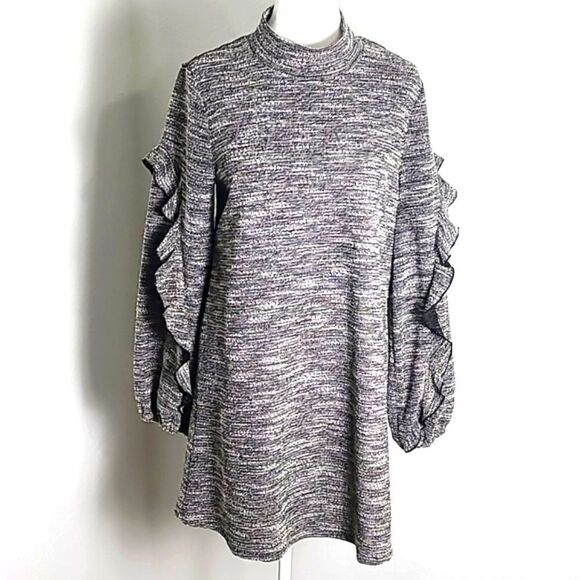 BCBGeneration Black/White Tweed Mini-Dress, Mock Turtleneck, Ruffle Sleeves, Med - Picture 3 of 11